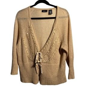 VTG Y2K Tan Mohair Blend Cardigan Tie Front Knit Sweater Womens 1X Sequins Boho